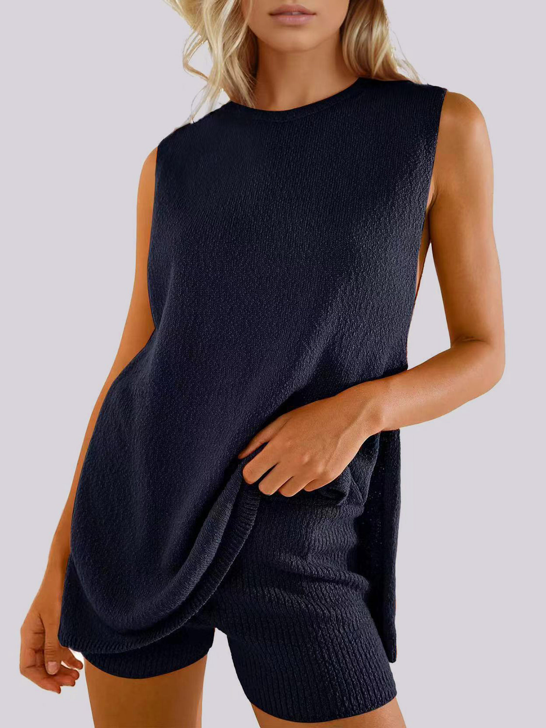 Textured knit tank and short set in Dark Blue, Tiffany Blue, Dust Storm, Black, or Yellow.