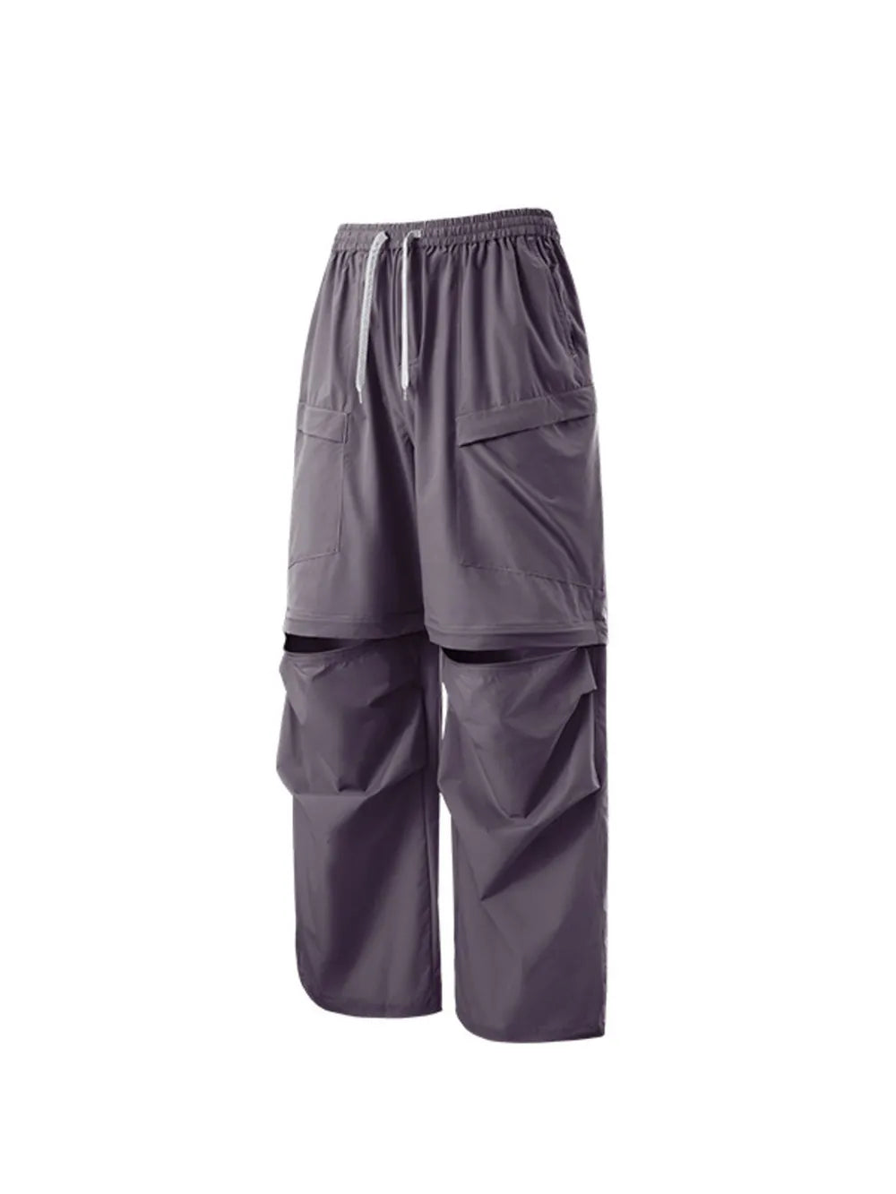 Gray cargo pants with adjustable drawstring waist and zip-off legs.