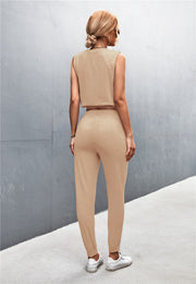 Khaki cropped muscle tank and jogger set with a relaxed fit.