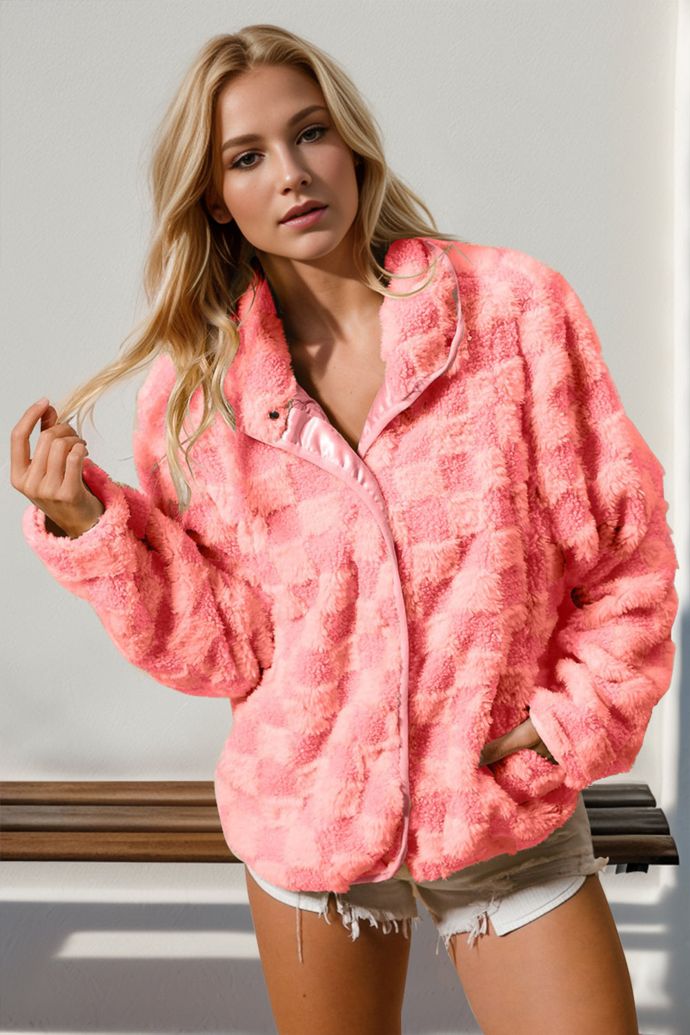 Textured checkered plush jacket in strawberry with satin trim and collar.