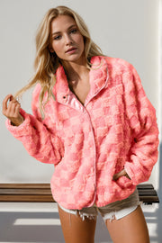 Textured checkered plush jacket in strawberry with satin trim and collar.