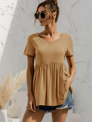 Khaki gathered waistline v-neck tee with short sleeves and a babydoll cut
