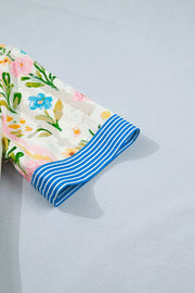Floral print shift dress with blue striped cuff detail