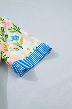 Floral print shift dress with blue striped cuff detail