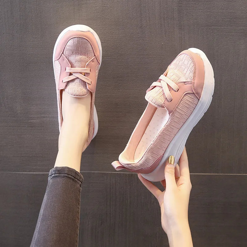 Dusty pink mesh and leather slip-on flats with white platform soles.