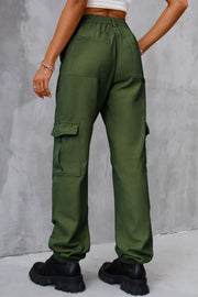 Army green utility cargo trousers with elasticated cuffs and multiple pockets.