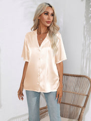 Champagne satin collared short sleeve button-up shirt