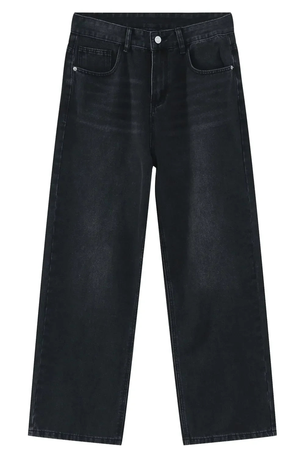 Black denim jeans with a relaxed fit and classic five-pocket styling.