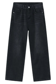 Black denim jeans with a relaxed fit and classic five-pocket styling.