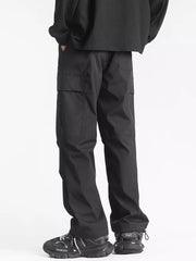Men's black relaxed fit cargo sweatpants with ankle drawstring and multiple pockets.