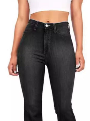 Black high-rise bootcut jeans with a comfortable cotton blend, shown on a model.