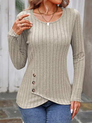 Gray ribbed knit top with round neck and asymmetrical button detail