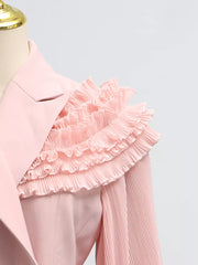 Pink skirt suit with elegant frill collar and pleated balloon sleeves
