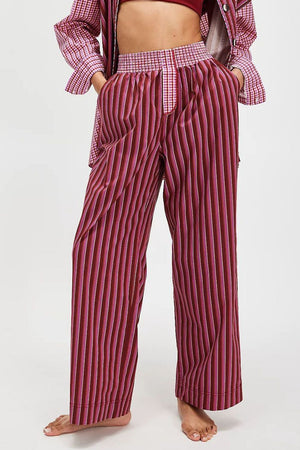 Crimson stripe palazzo trousers in cotton with a gingham waistband.
