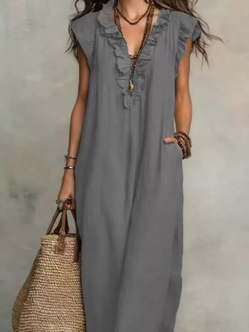Bohemian Ruffle Neck Maxi Dress Plus Size in Blue, fit detail