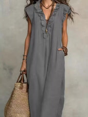Bohemian Ruffle Neck Maxi Dress Plus Size in Blue, fit detail