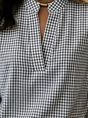 Full Size Plaid Notched Long Sleeve Blouse, product detail