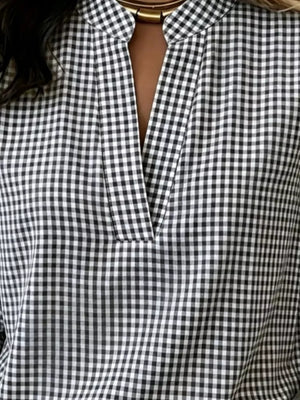 Full Size Plaid Notched Long Sleeve Blouse, product detail