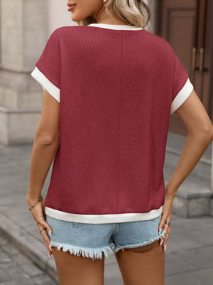Textured knit short-sleeve t-shirt in Wine Red with white trim, crew neck, and contrast sleeves.