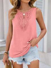 Coral sleeveless tank top with intricate lace neckline detail