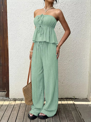 Pleated tube top and wide-leg pants set in Gum Leaf green with drawstring details.