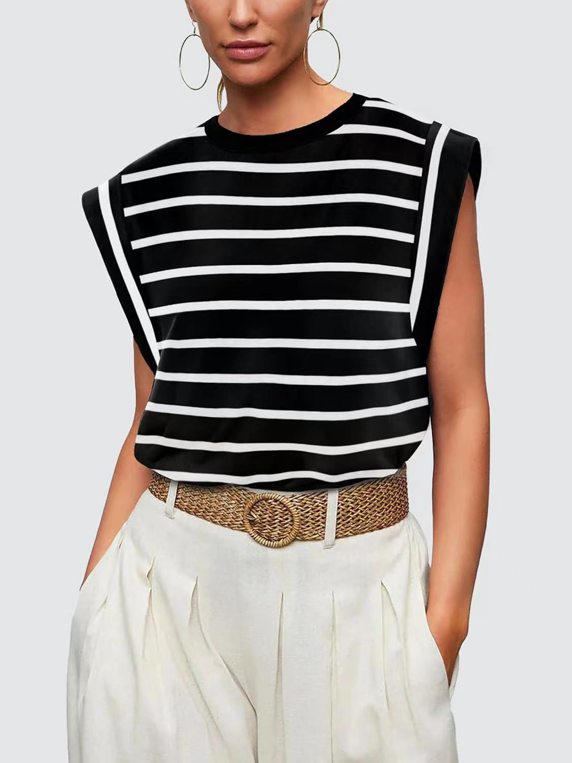 Padded shoulder tank top with black and white Breton stripes and cap sleeves.