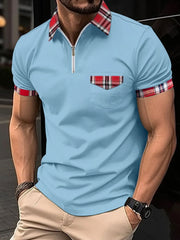 Pastel blue zip polo shirt with plaid trim on collar, pocket, and sleeves.