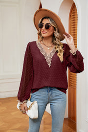 Wine embroidered Swiss dot blouse with lace V-neck and poet sleeves