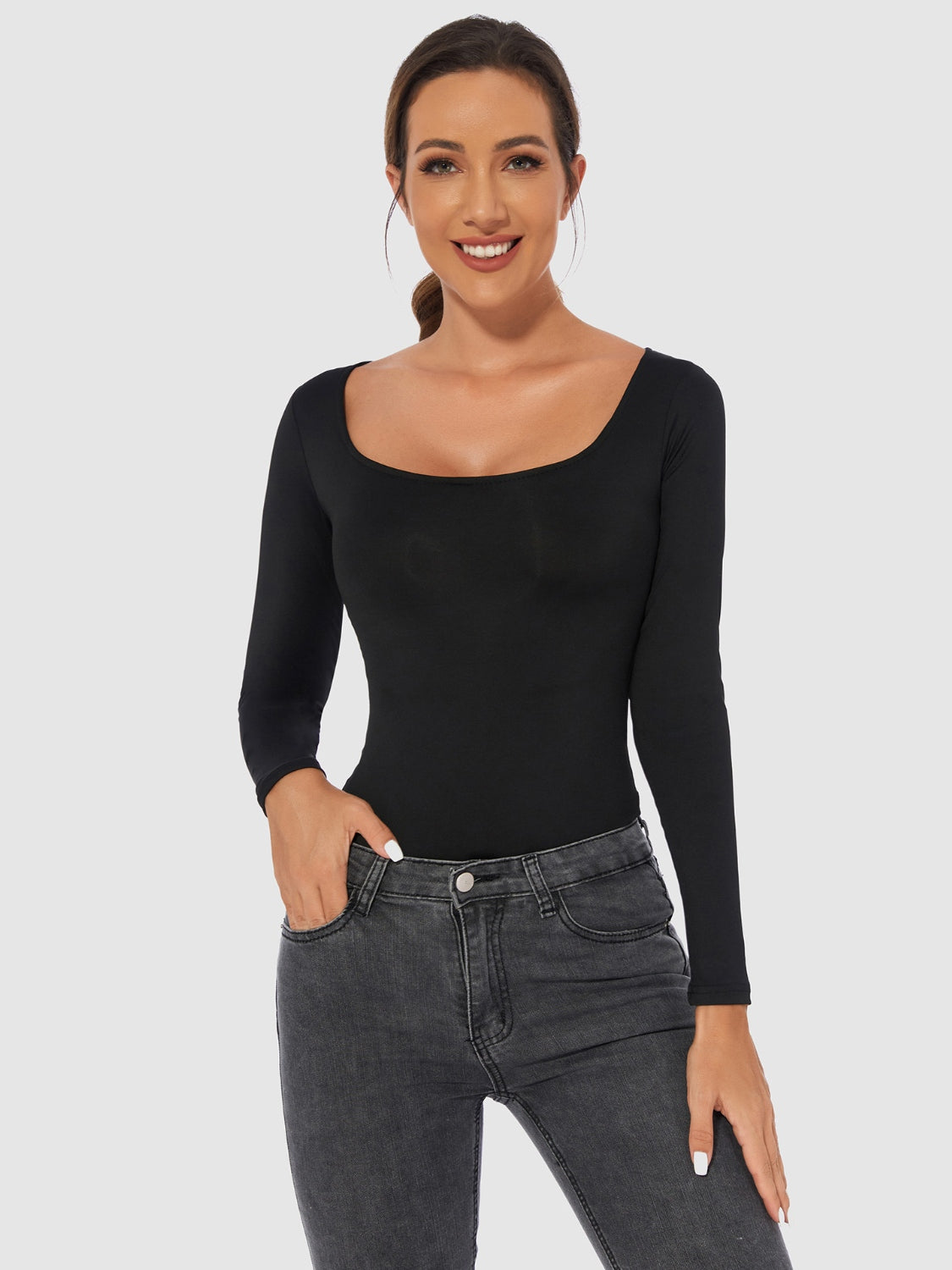 Black long sleeve second-skin bodysuit with a square neckline