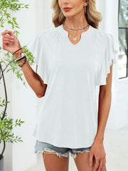 White ruffled sleeve tee with notched V-neck and gathered shoulders.