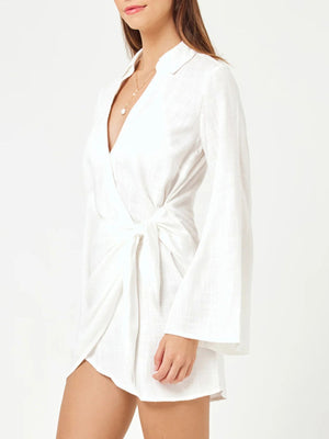 Chic white cotton blend wrap cover-up dress with long bell sleeves and tie waist.