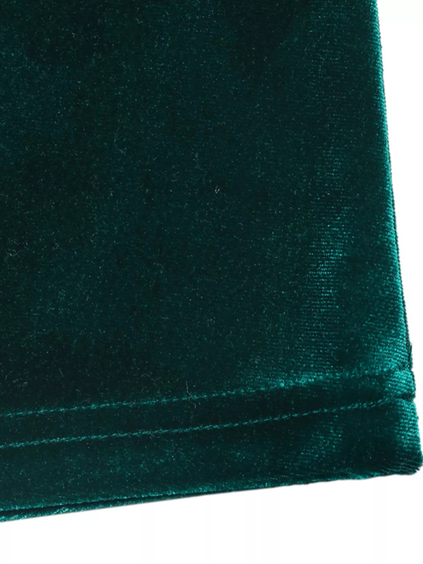 Green velvet maxi dress with ruched detail and V-neck.