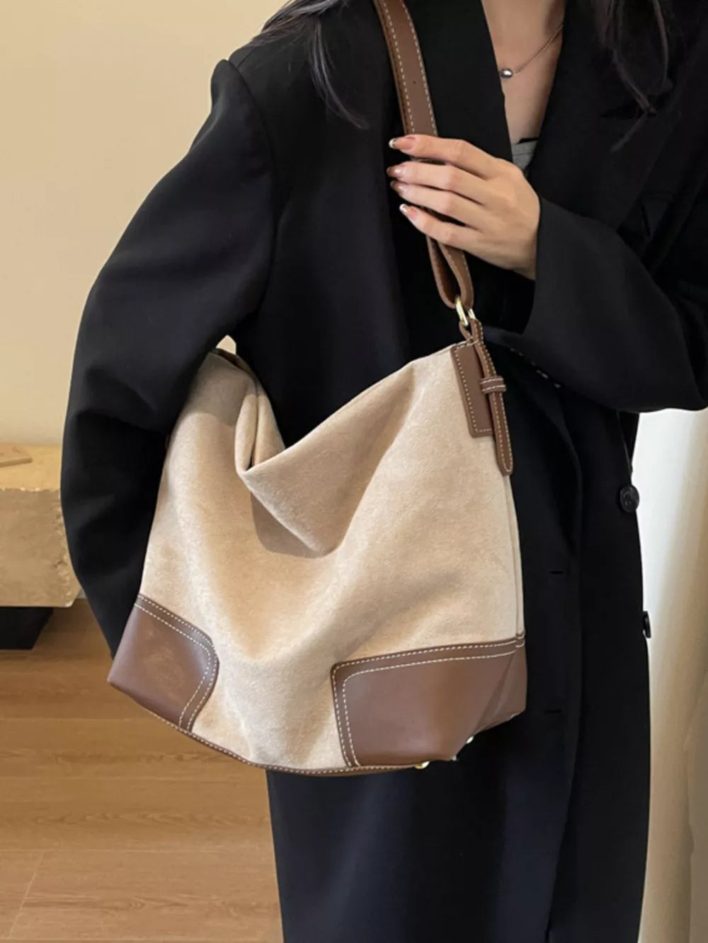 Color Block Shoulder Bag in Khaki, model styling view