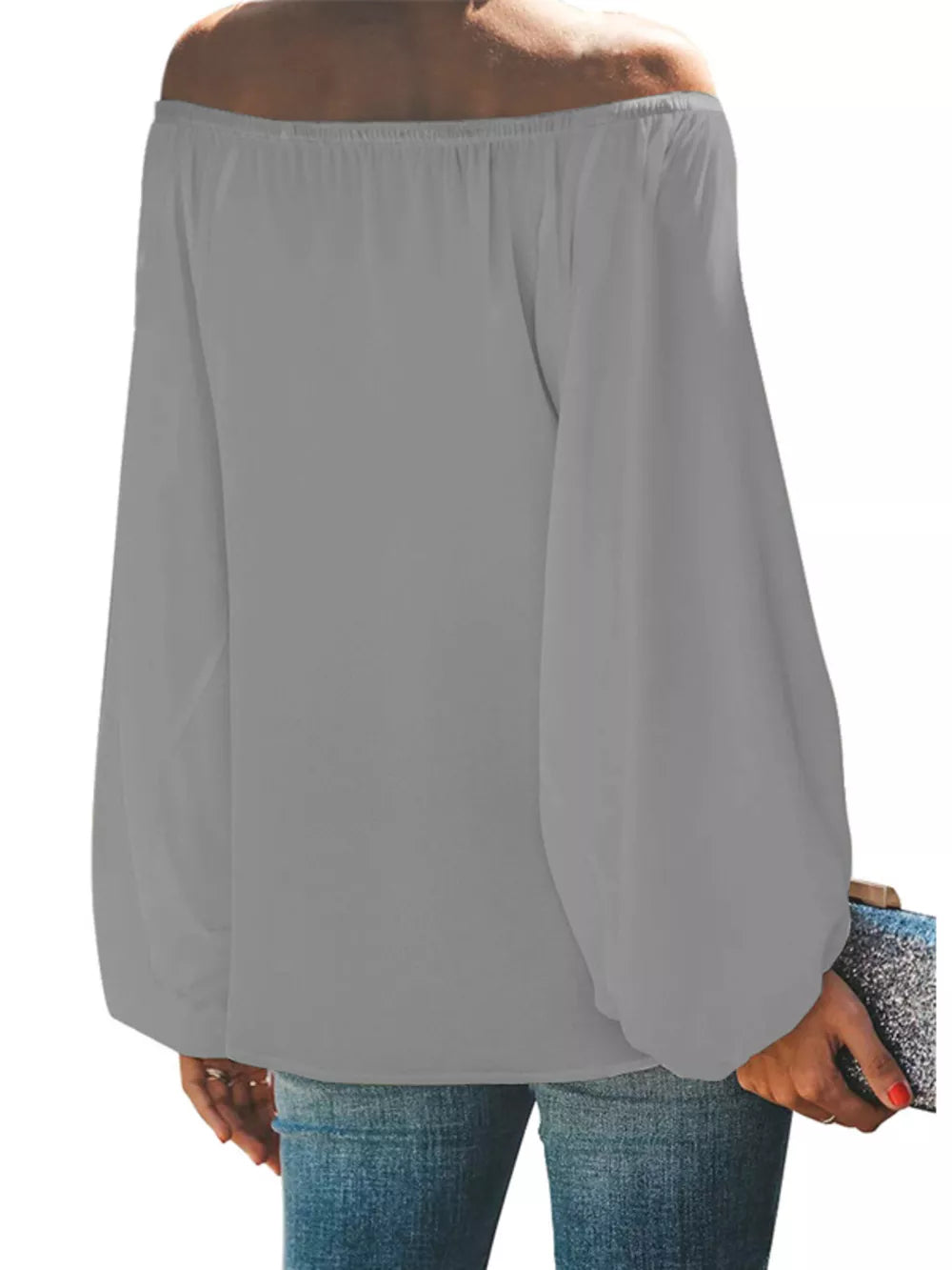 Gray off-shoulder blouse with balloon sleeves and a relaxed fit.