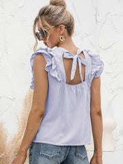 Light blue ruffled yoke sleeveless blouse with back tie detail
