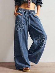Distressed Floral Appliqué Wide-leg Jeans