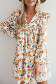 Bohemian Floral Print Ruffle Mini Dress in Sherbet, front view
