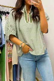 Sage gingham maternity overshirt with half sleeves and a striped collar detail.