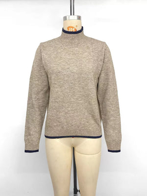 Cozy Mock Neck Sweater With Contrast Trim in Khaki, fit detail
