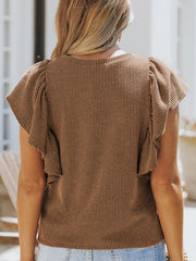 Brown ribbed t-shirt with ruffled short sleeves.