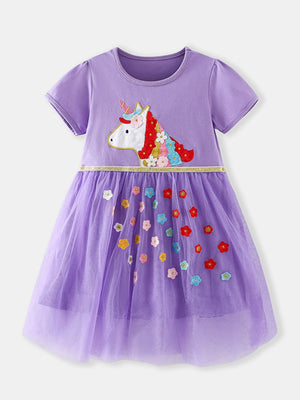 Purple toddler dress with unicorn appliqué and floral tulle skirt.