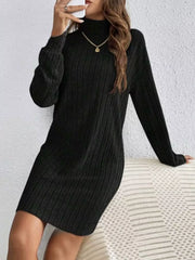 Black ribbed turtleneck mini dress with long sleeves and a casual fit.