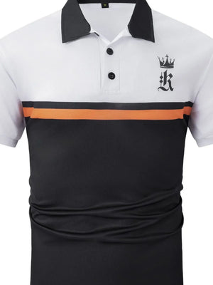 Colorblock polo shirt with crown graphic, black collar, white top, orange stripe, and black bottom.