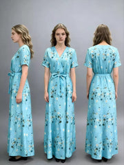Blue floral V-neck wrap maxi dress with short sleeves and a belted waist.