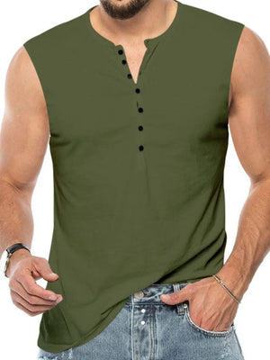 Sleeveless moss green henley shirt with black buttons and a relaxed fit.