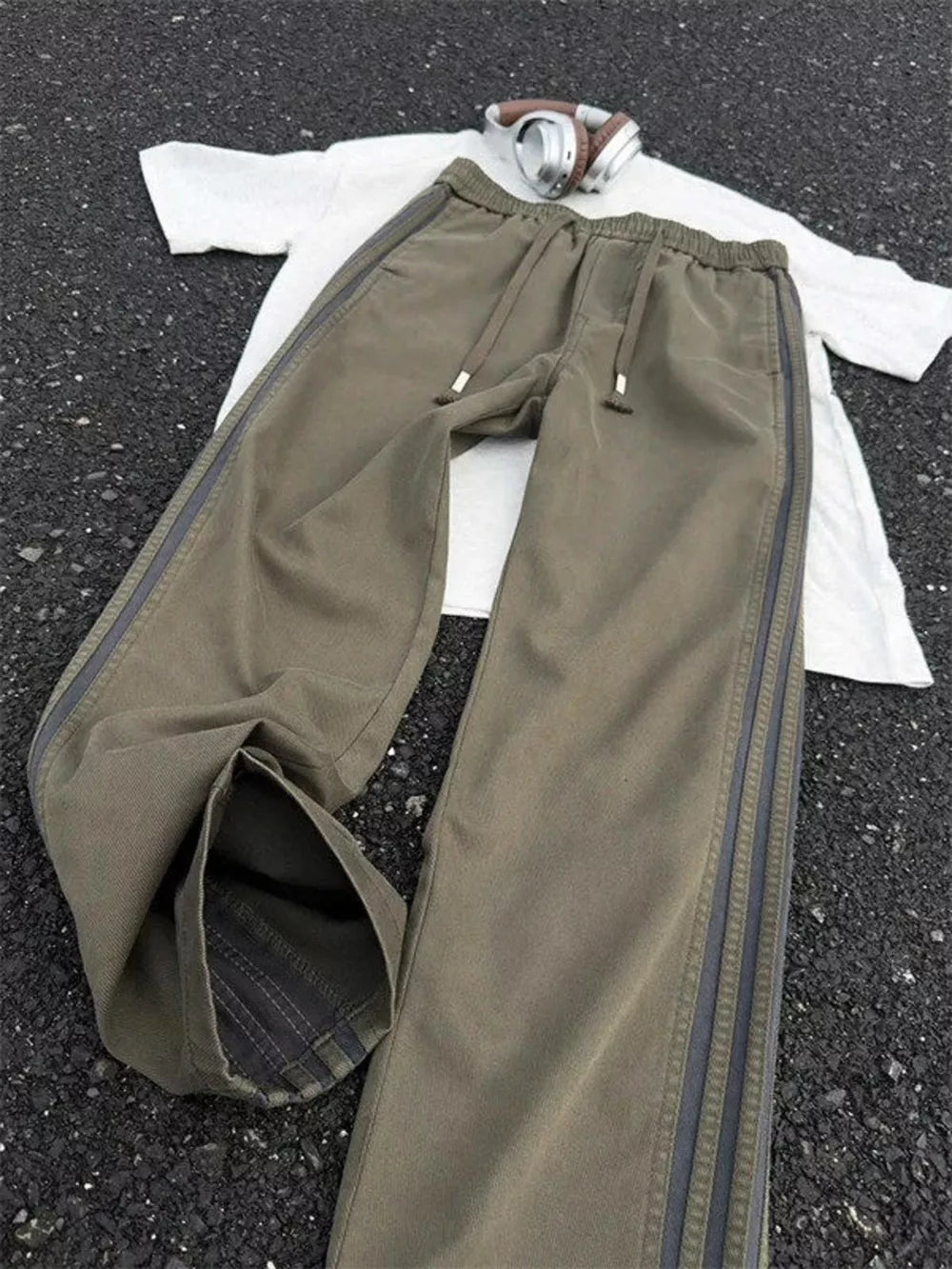Men's Plus Size Casual Striped Wide-leg Pants in Black, side view