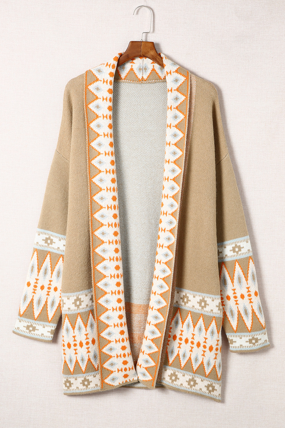 Khaki open-front knit cardigan with geometric trim and long sleeves.