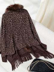Brown leopard print cardigan with faux fur collar and fringed hem
