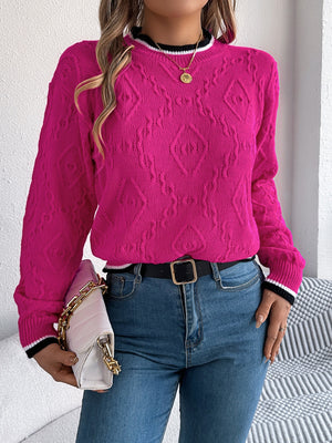 Hot Pink diamond knit sweater with contrast trim neckline and cuffs.