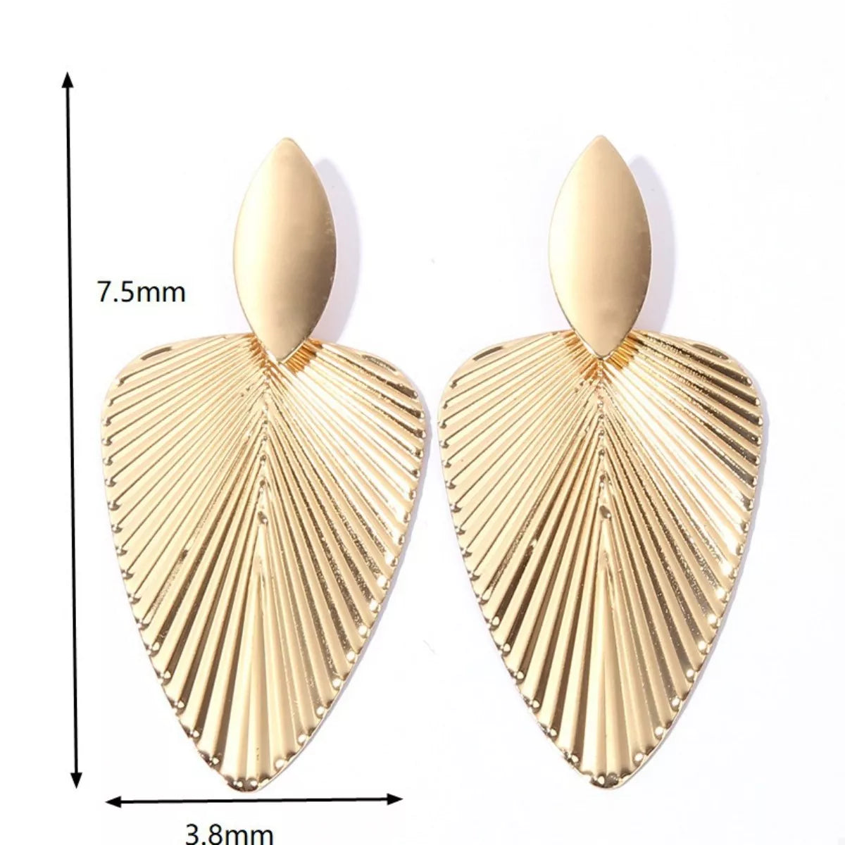 Gold leaf silhouette dangle earrings with textured fan design